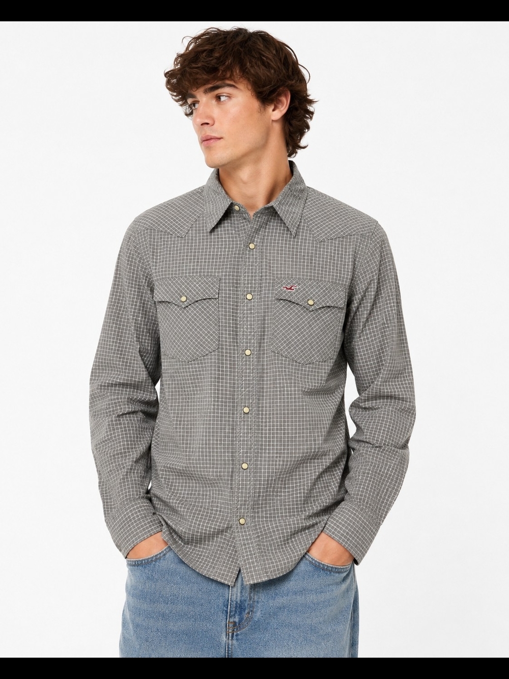 Hollister Gray Plaid Western Snap Button Shirt Men's XL
